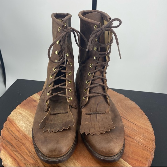 Vtg Packer Lace Up Western kiltie Work brown Leather Mens Boots 7.5 EW wide - Picture 2 of 6